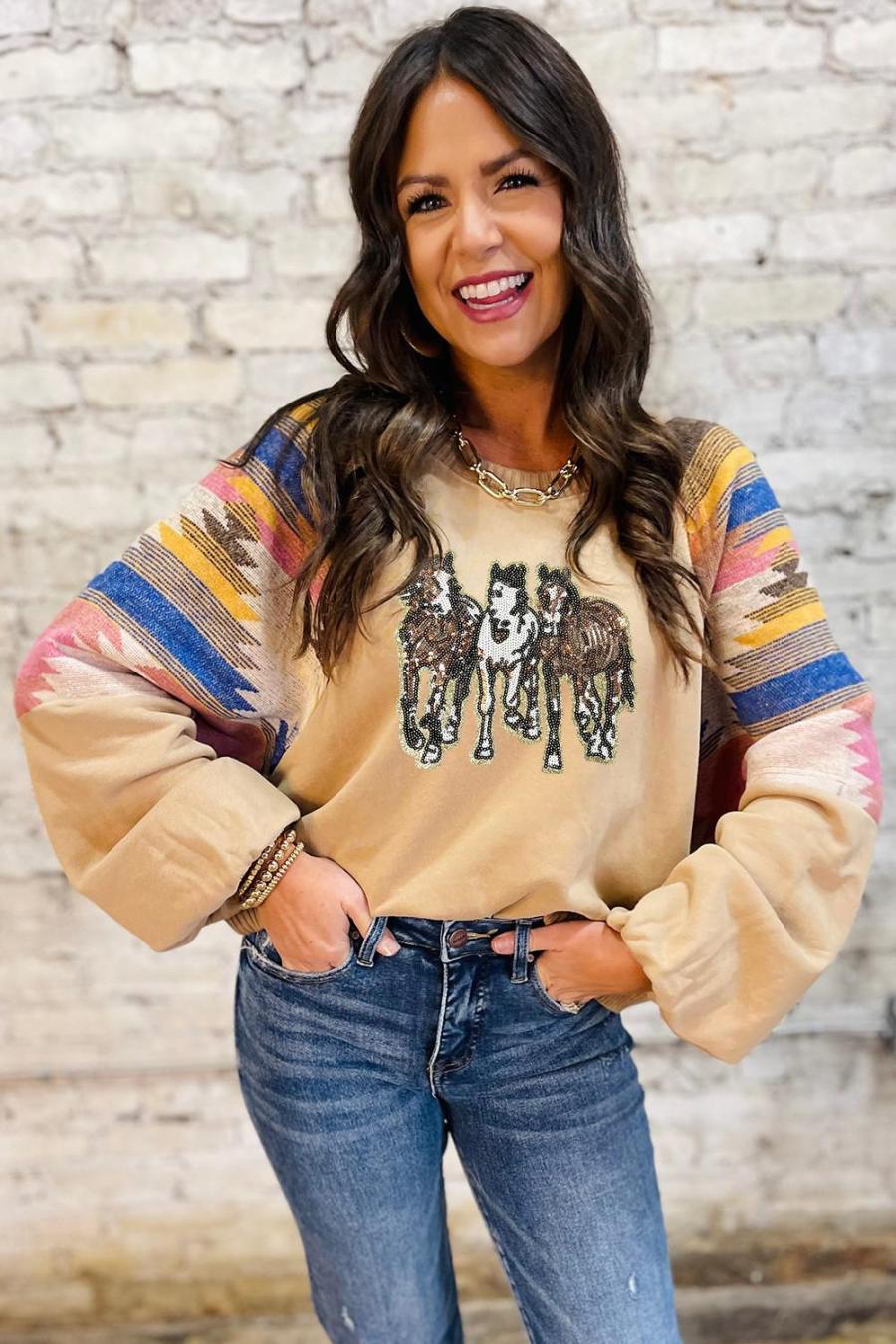 Sweatshirts | Light French Beige Sequined Horses Graphic Fashion Sweatshirt - Women