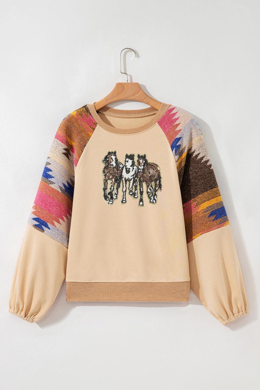 Sweatshirts | Light French Beige Sequined Horses Graphic Fashion Sweatshirt - Women
