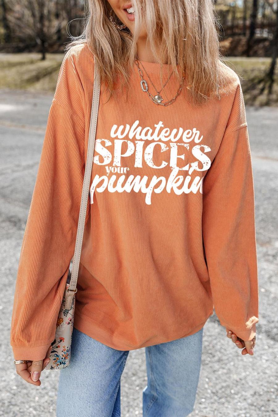 Sweatshirts | Orange Crinkle Rib Whatever Spices Your Pumpkin Graphic Sweatshirt - Women