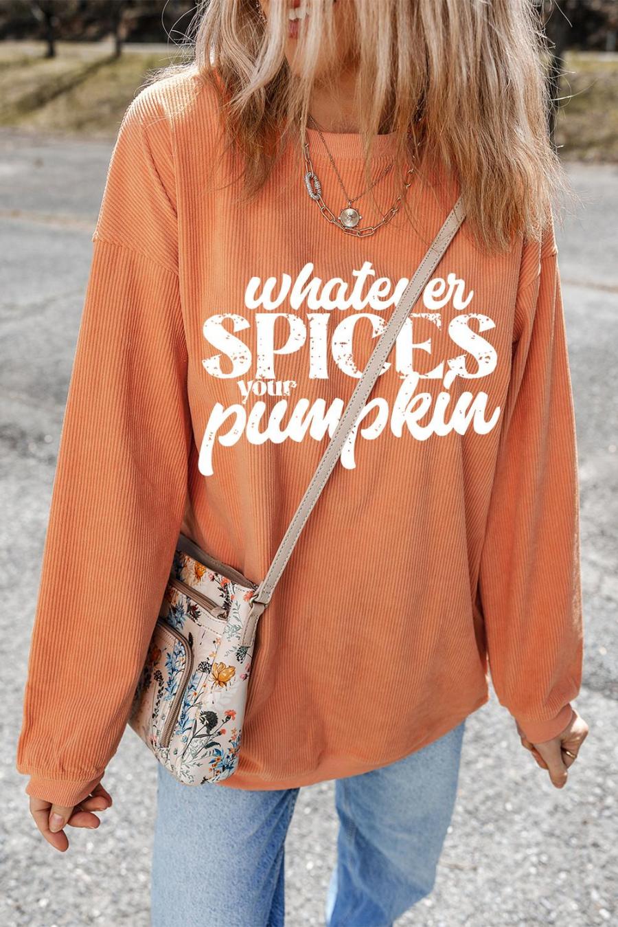 Sweatshirts | Orange Crinkle Rib Whatever Spices Your Pumpkin Graphic Sweatshirt - Women