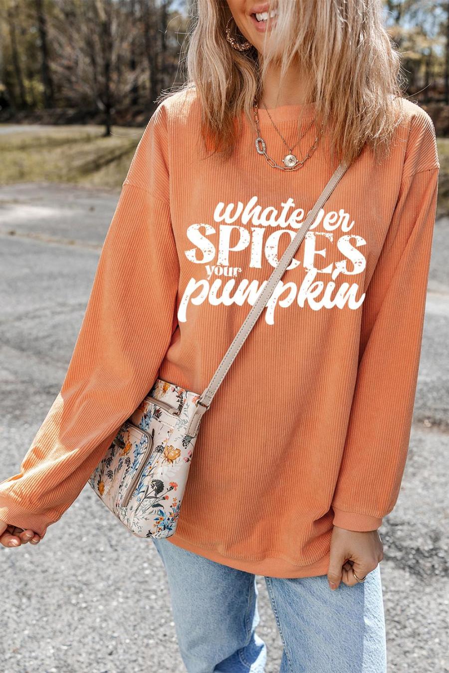 Sweatshirts | Orange Crinkle Rib Whatever Spices Your Pumpkin Graphic Sweatshirt - Women