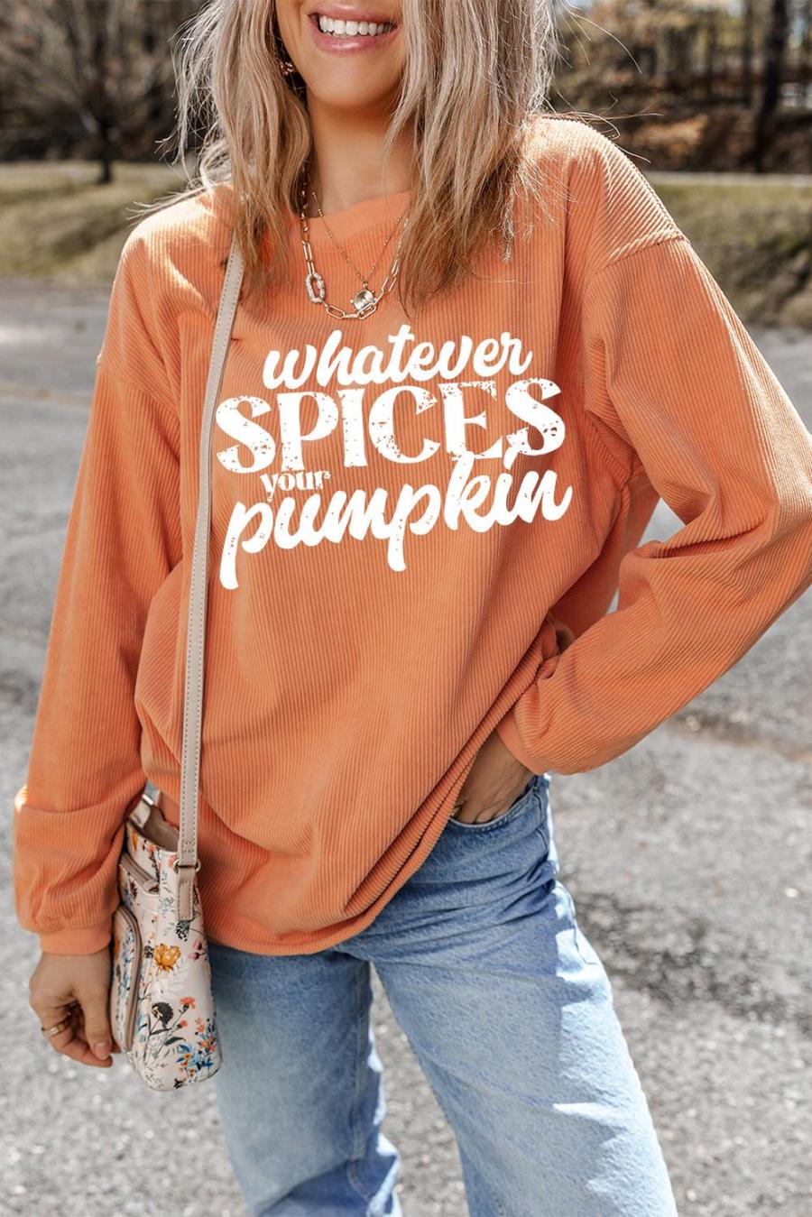 Sweatshirts | Orange Crinkle Rib Whatever Spices Your Pumpkin Graphic Sweatshirt - Women