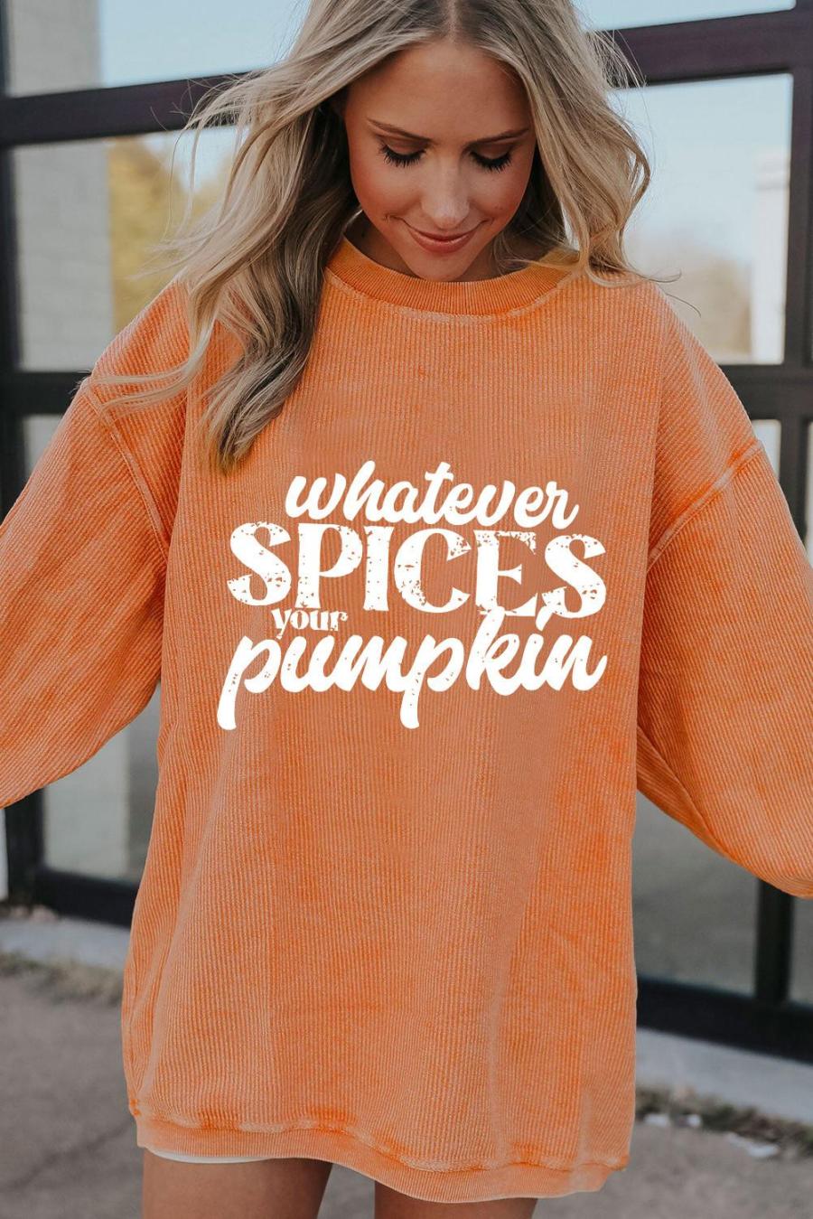 Sweatshirts | Orange Crinkle Rib Whatever Spices Your Pumpkin Graphic Sweatshirt - Women