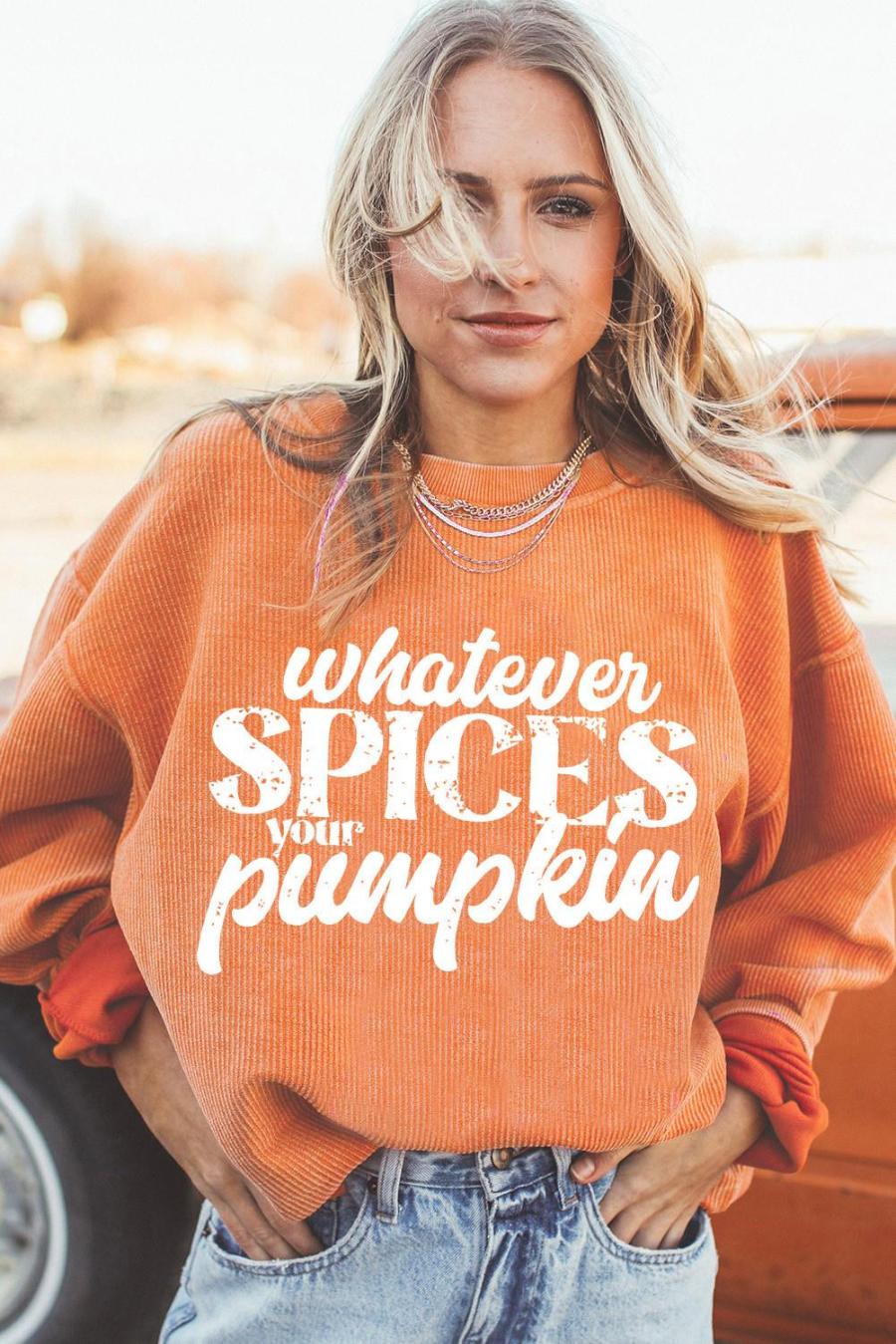 Sweatshirts | Orange Crinkle Rib Whatever Spices Your Pumpkin Graphic Sweatshirt - Women