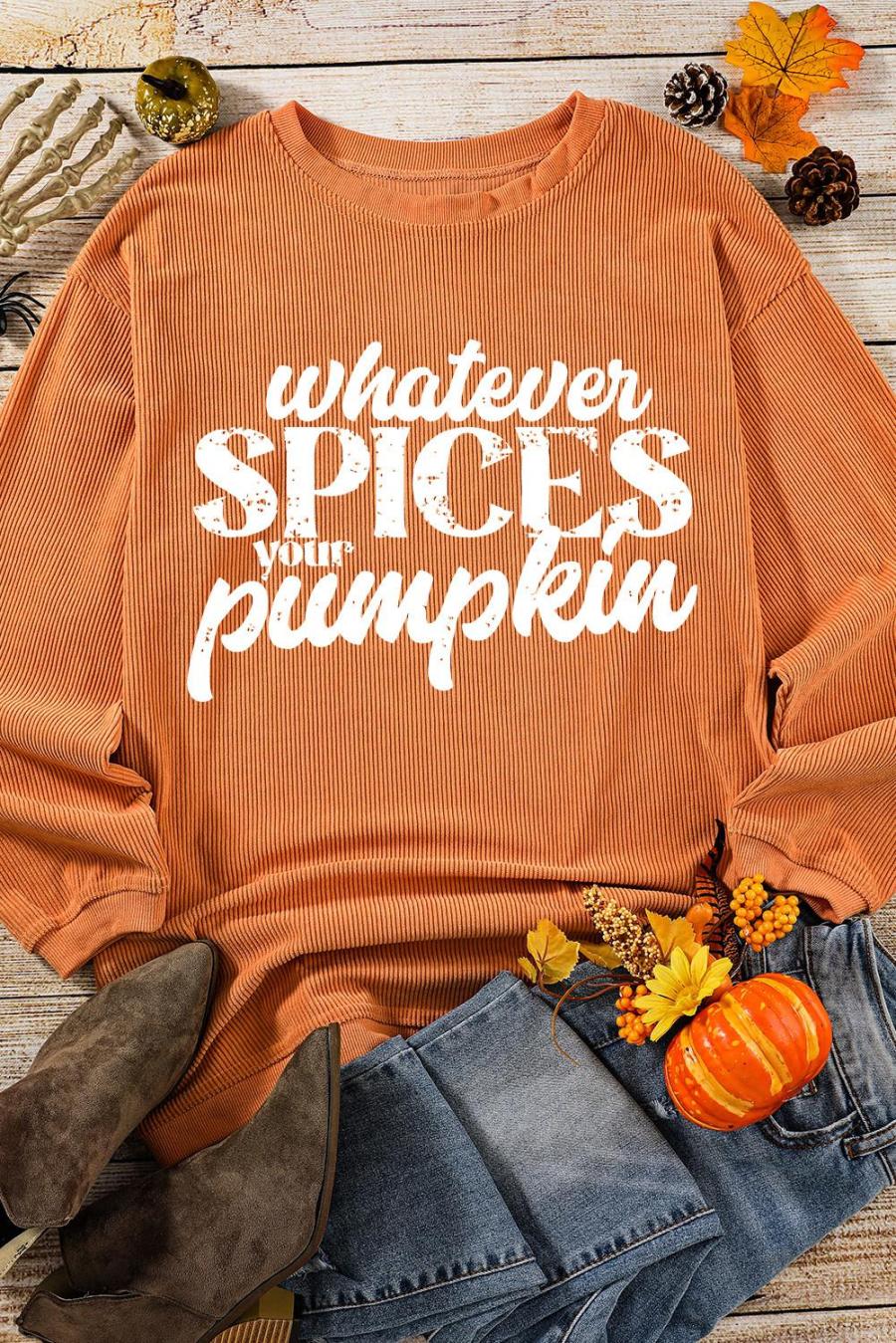 Sweatshirts | Orange Crinkle Rib Whatever Spices Your Pumpkin Graphic Sweatshirt - Women