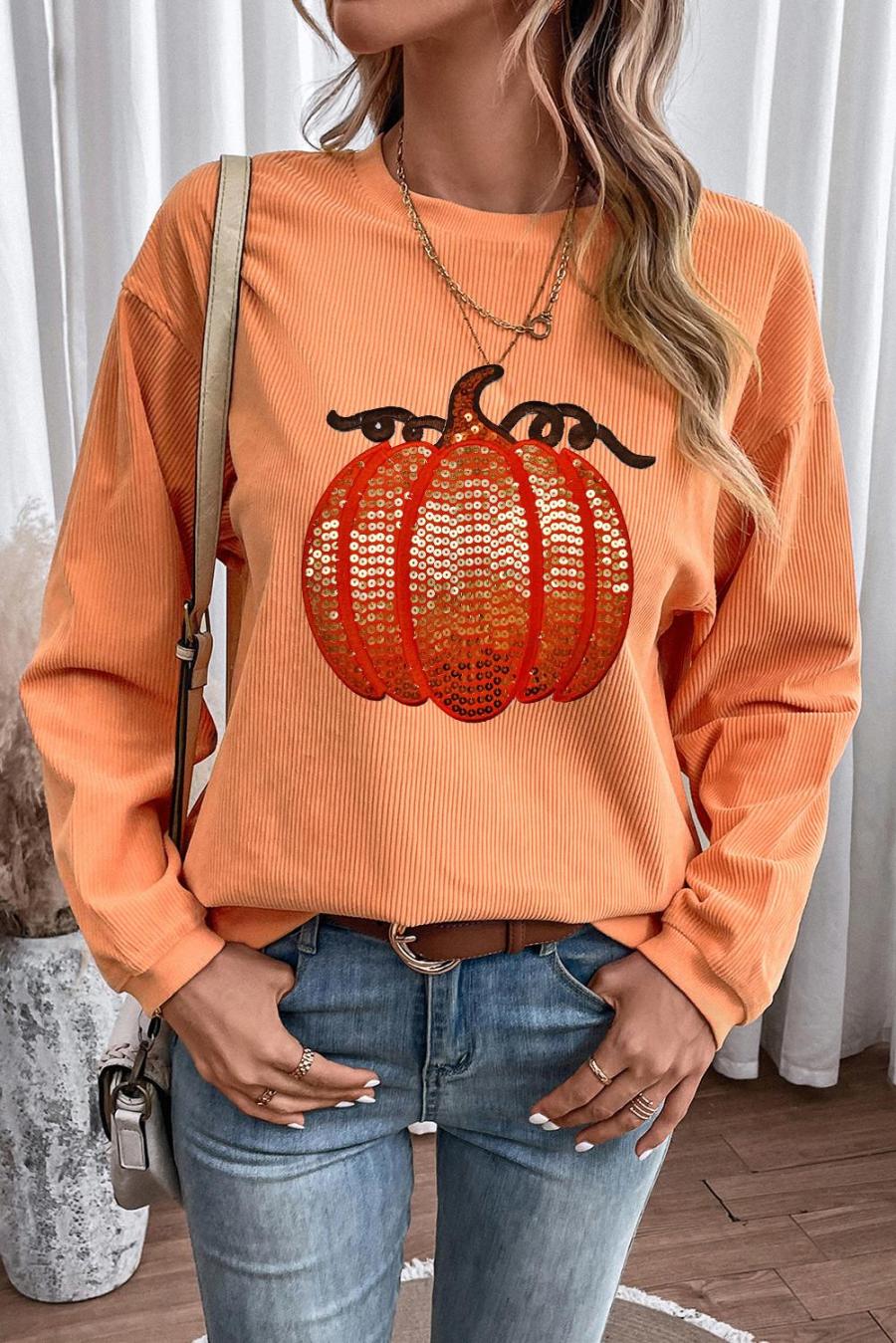 Sweatshirts | Orange Crinkle Ribbed Halloween Sequin Pumpkin Graphic Sweatshirt - Women