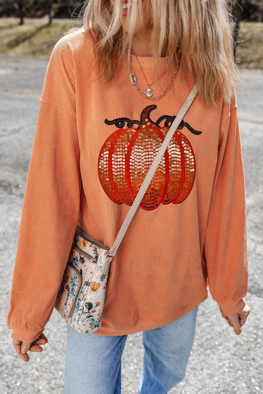 Sweatshirts | Orange Crinkle Ribbed Halloween Sequin Pumpkin Graphic Sweatshirt - Women