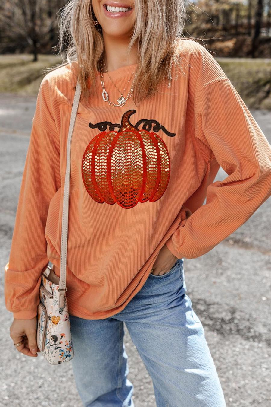 Sweatshirts | Orange Crinkle Ribbed Halloween Sequin Pumpkin Graphic Sweatshirt - Women