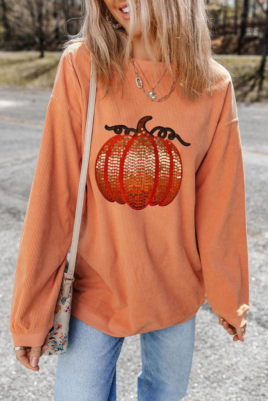 Sweatshirts | Orange Crinkle Ribbed Halloween Sequin Pumpkin Graphic Sweatshirt - Women