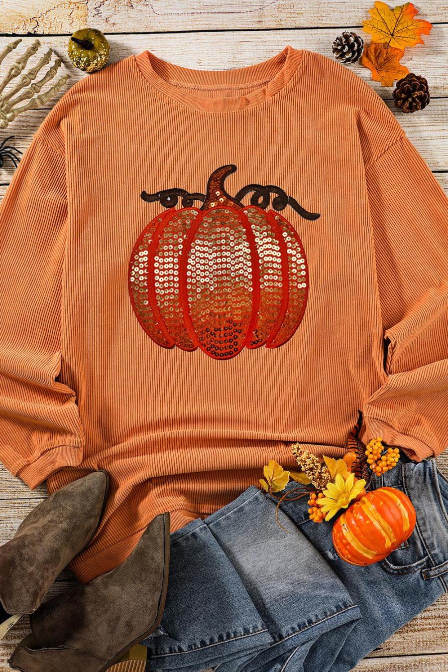 Sweatshirts | Orange Crinkle Ribbed Halloween Sequin Pumpkin Graphic Sweatshirt - Women