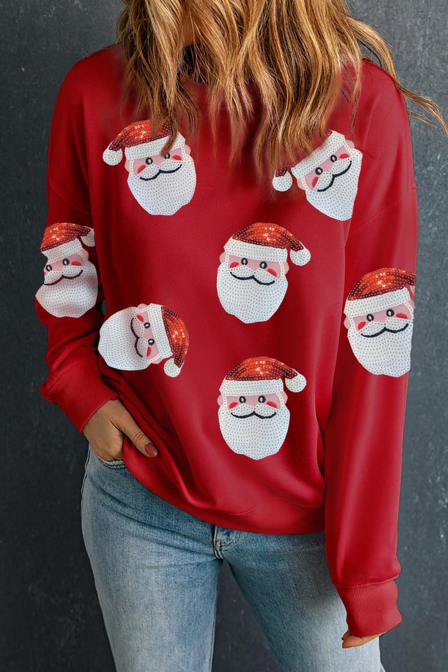 Sweatshirts | Red Sequins Santa Claus Graphic Christmas Sweatshirt - Women
