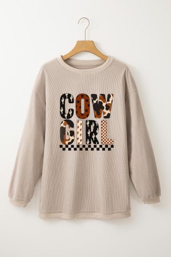 Sweatshirts | Smoke Gray Letter Print Corduroy Baggy Sweatshirt - Women