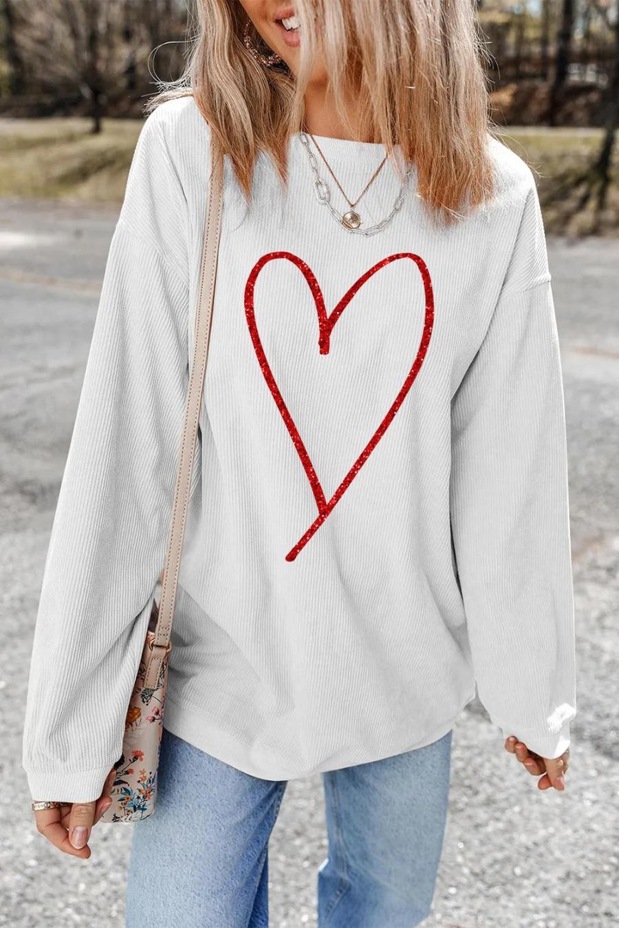Sweatshirts | White Glitter Heart Print Corded Graphic Pullover Sweatshirt - Women