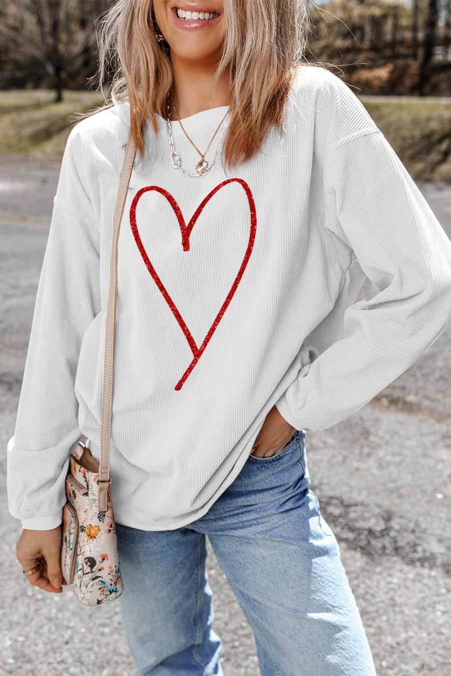 Sweatshirts | White Glitter Heart Print Corded Graphic Pullover Sweatshirt - Women