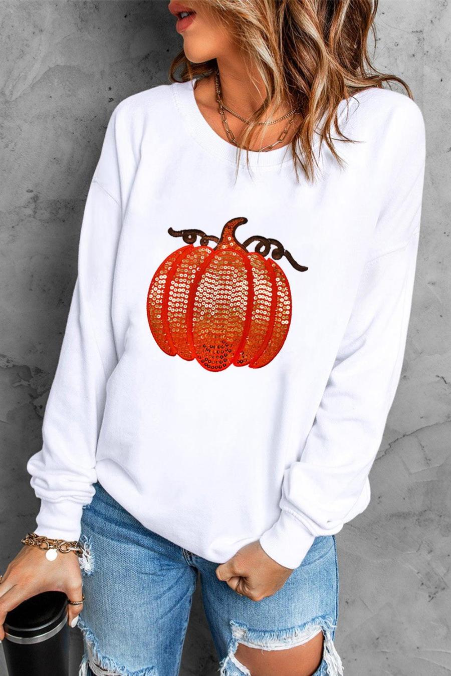Sweatshirts | White Sequin Pumpkin Patched Casual Pullover Graphic Sweatshirt - Women