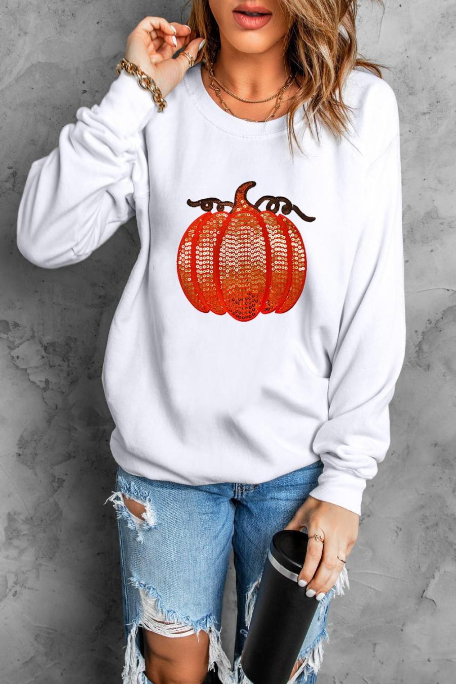 Sweatshirts | White Sequin Pumpkin Patched Casual Pullover Graphic Sweatshirt - Women