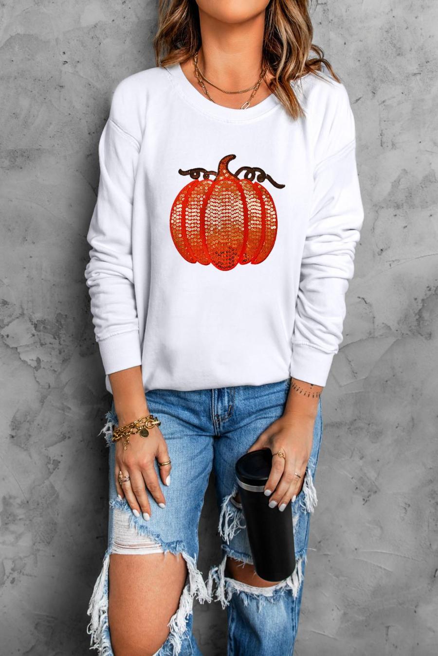 Sweatshirts | White Sequin Pumpkin Patched Casual Pullover Graphic Sweatshirt - Women