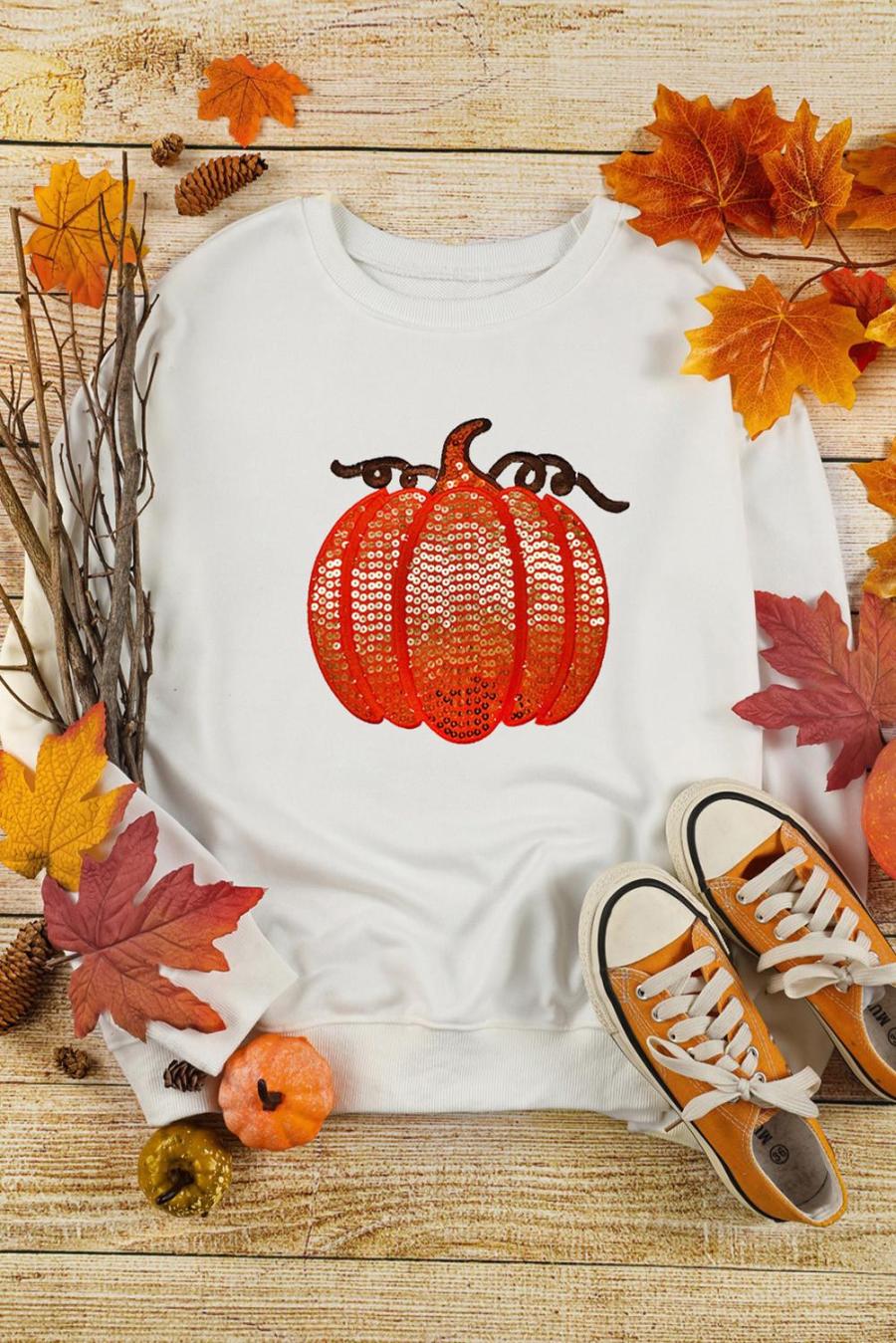 Sweatshirts | White Sequin Pumpkin Patched Casual Pullover Graphic Sweatshirt - Women