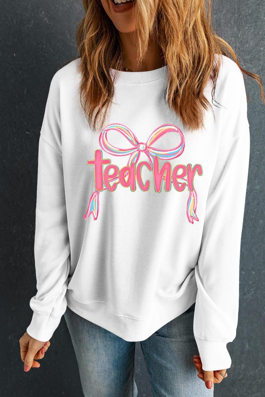 Sweatshirts | White Teacher Bow Graphic Pullover Sweatshirt - Women