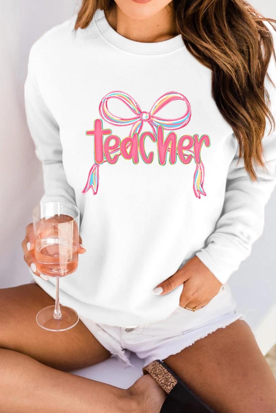 Sweatshirts | White Teacher Bow Graphic Pullover Sweatshirt - Women
