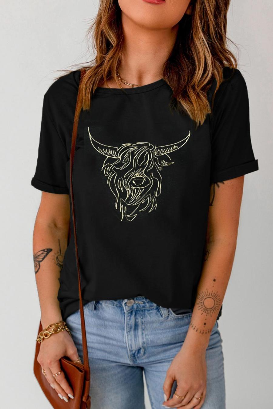 Tees & Tanks | Black Vintage Bull Head Graphic Pattern T Shirt - Women