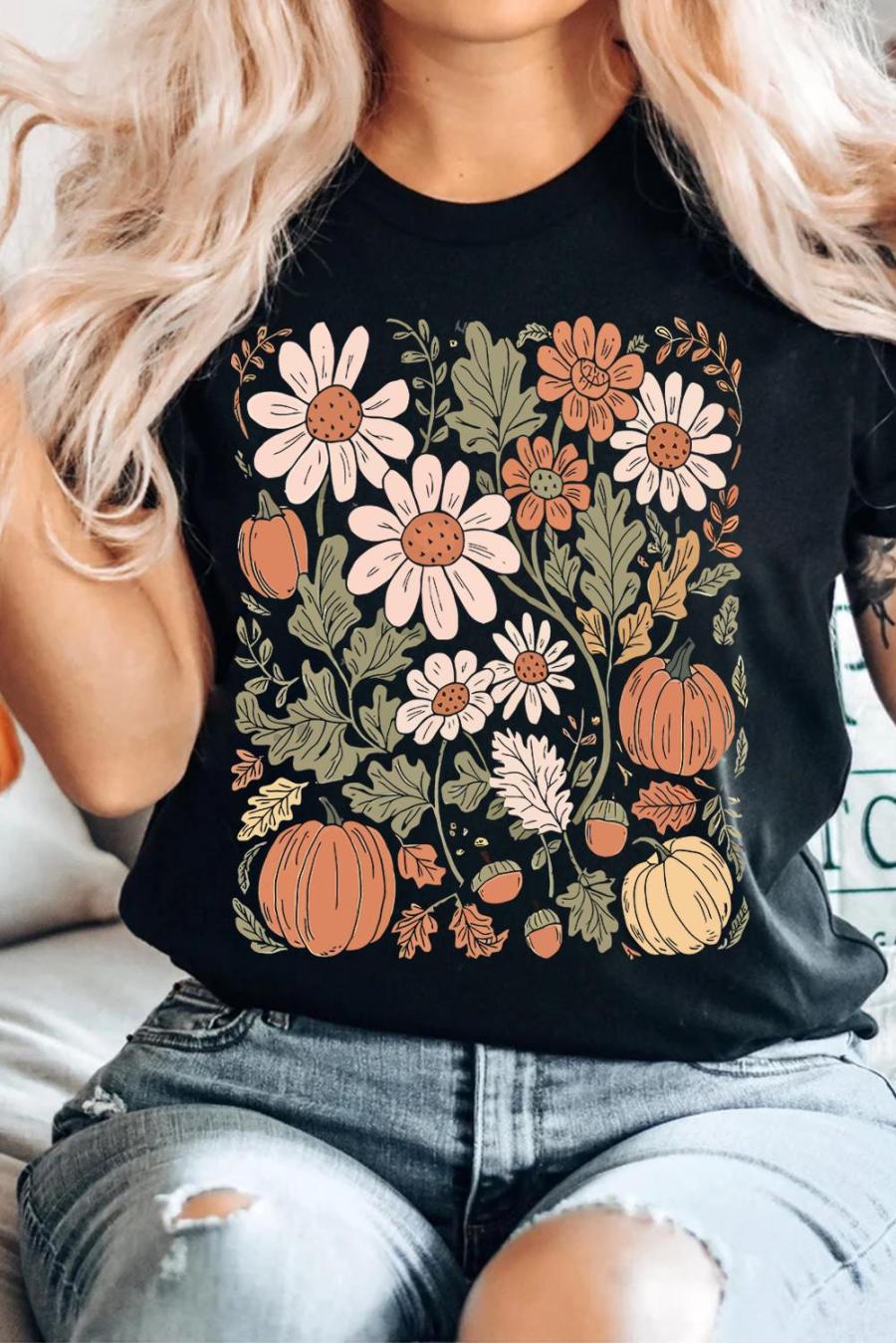 Tees & Tanks | Black Wild Flower Pumpkin Print T Shirt - Women