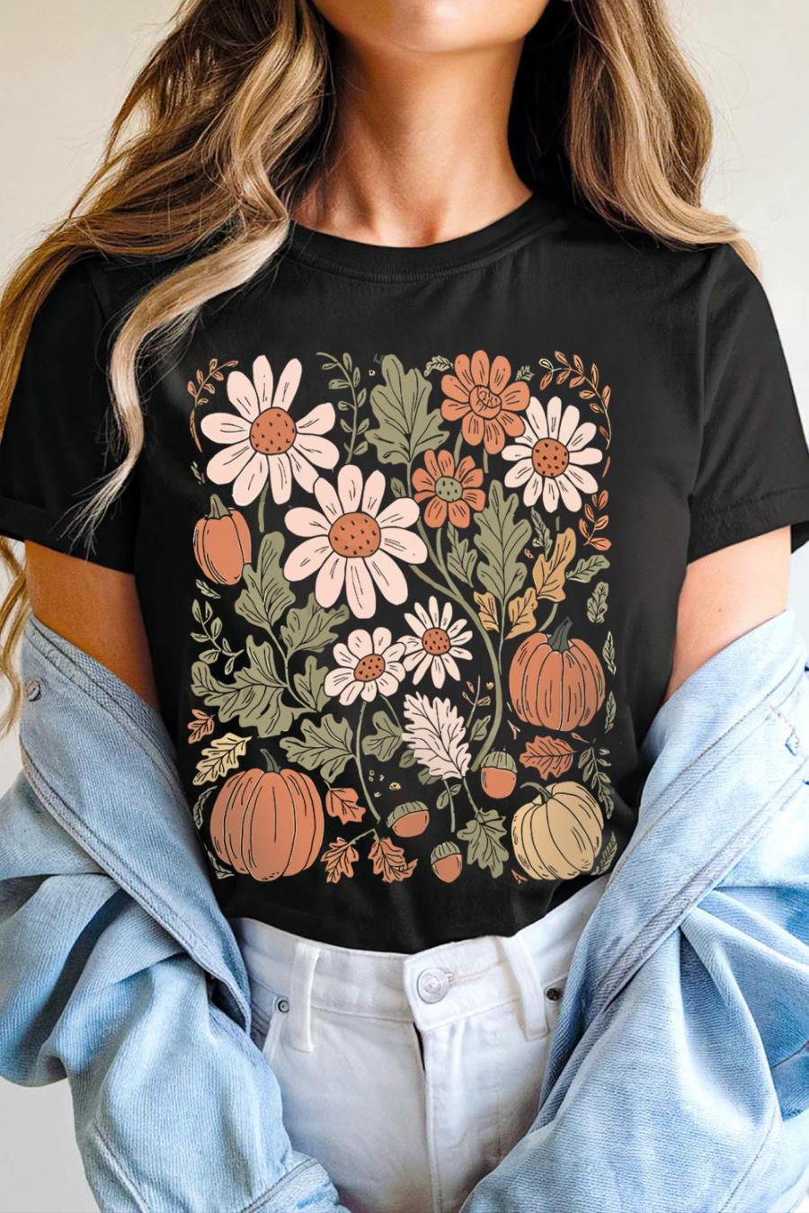 Tees & Tanks | Black Wild Flower Pumpkin Print T Shirt - Women