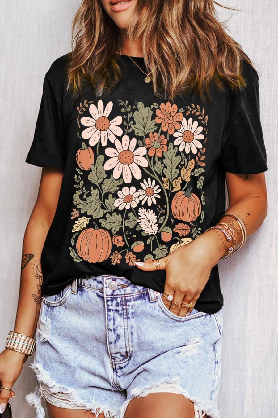Tees & Tanks | Black Wild Flower Pumpkin Print T Shirt - Women