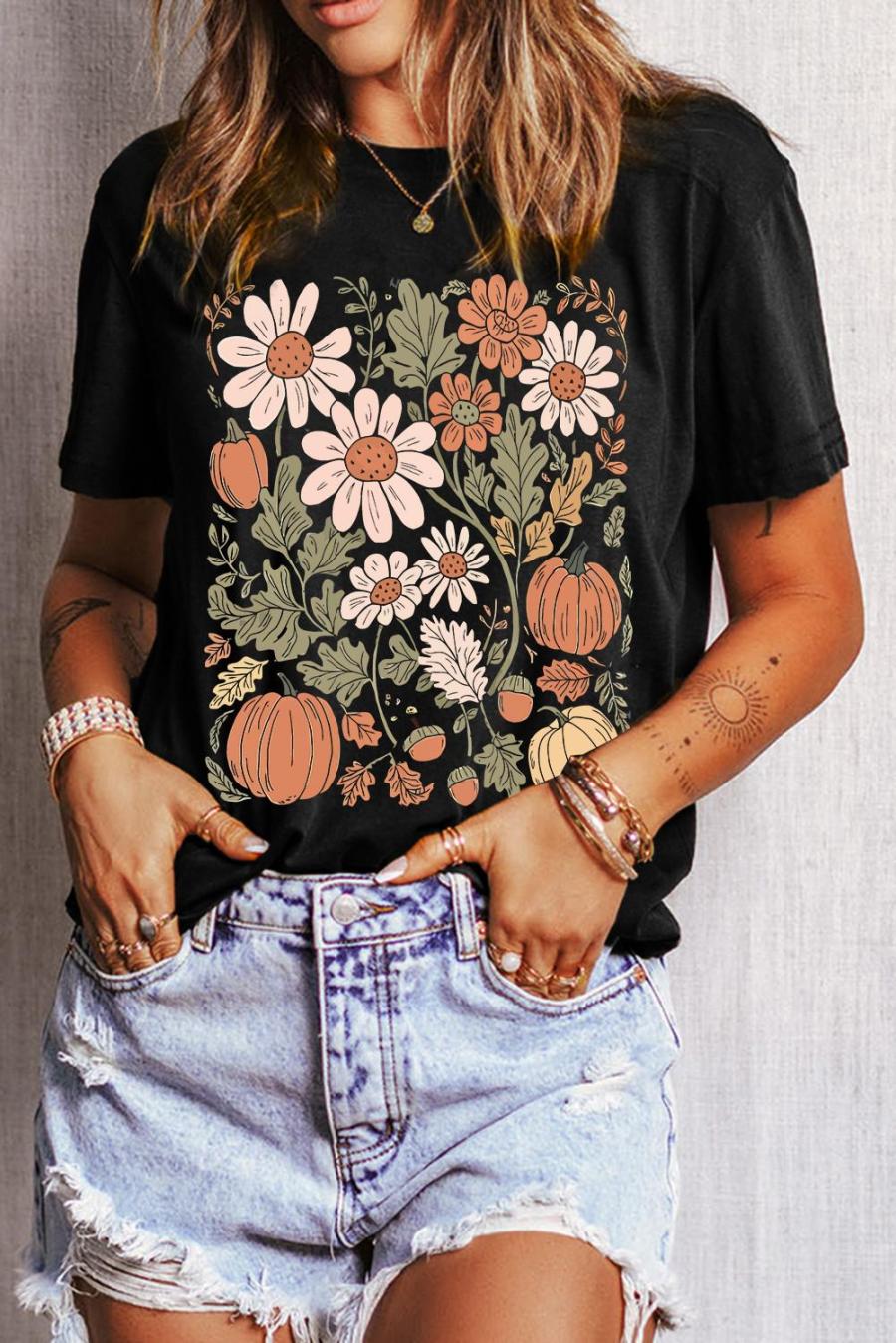 Tees & Tanks | Black Wild Flower Pumpkin Print T Shirt - Women