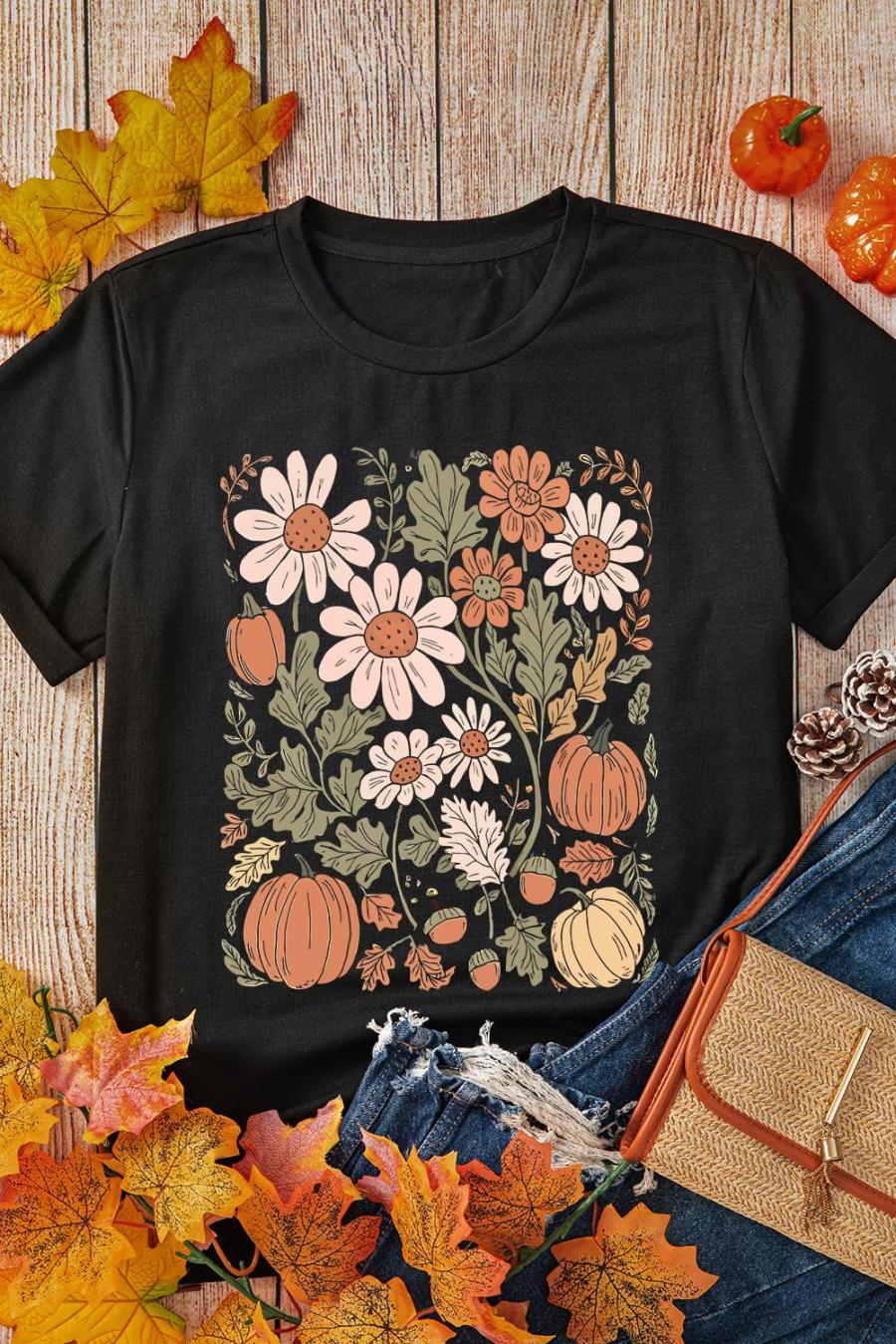 Tees & Tanks | Black Wild Flower Pumpkin Print T Shirt - Women
