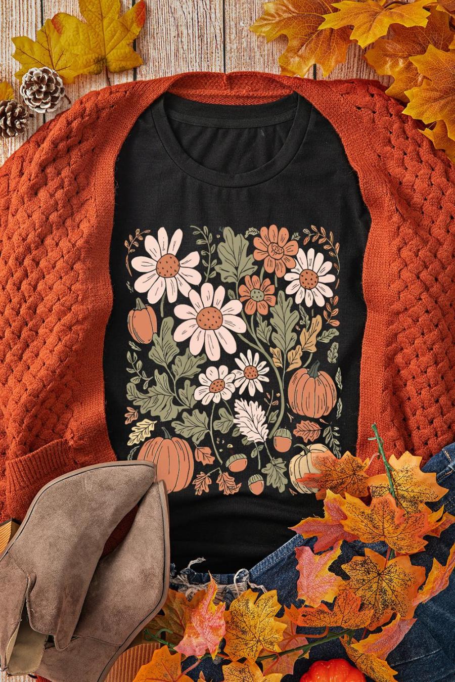 Tees & Tanks | Black Wild Flower Pumpkin Print T Shirt - Women