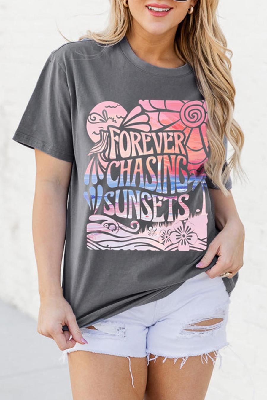 Tees & Tanks | Gray Forever Chasing Sunsets Graphic Summer T Shirt - Women