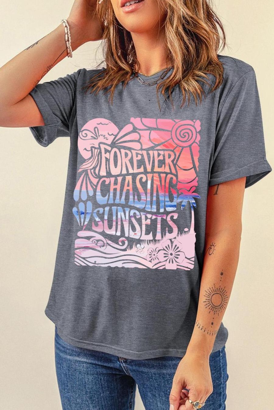 Tees & Tanks | Gray Forever Chasing Sunsets Graphic Summer T Shirt - Women