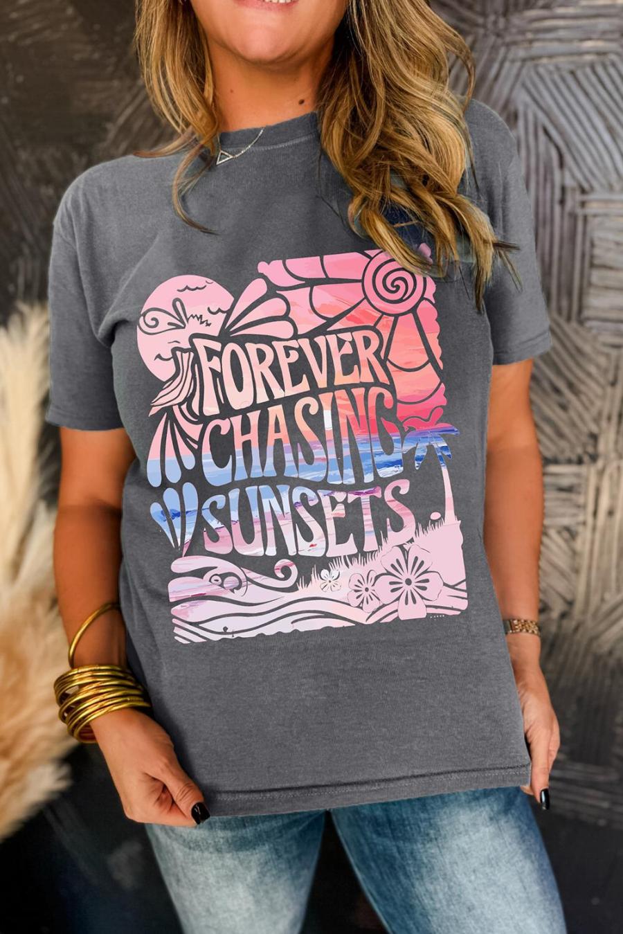 Tees & Tanks | Gray Forever Chasing Sunsets Graphic Summer T Shirt - Women
