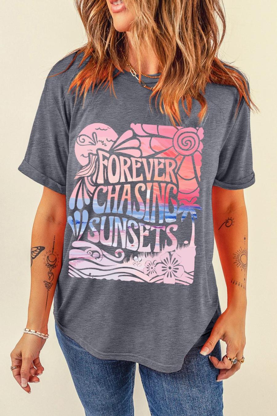 Tees & Tanks | Gray Forever Chasing Sunsets Graphic Summer T Shirt - Women
