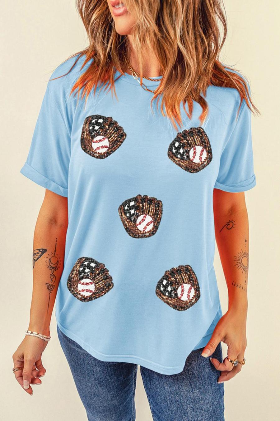 Tees & Tanks | Light Blue Baseball Sequin Patched Casual T Shirt - Women