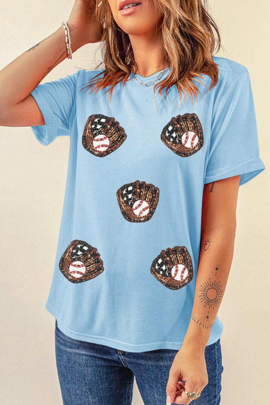 Tees & Tanks | Light Blue Baseball Sequin Patched Casual T Shirt - Women