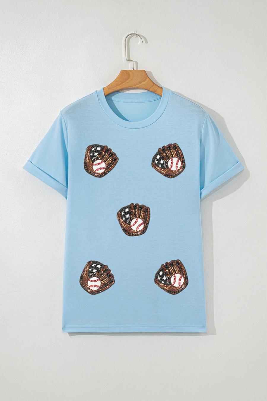 Tees & Tanks | Light Blue Baseball Sequin Patched Casual T Shirt - Women