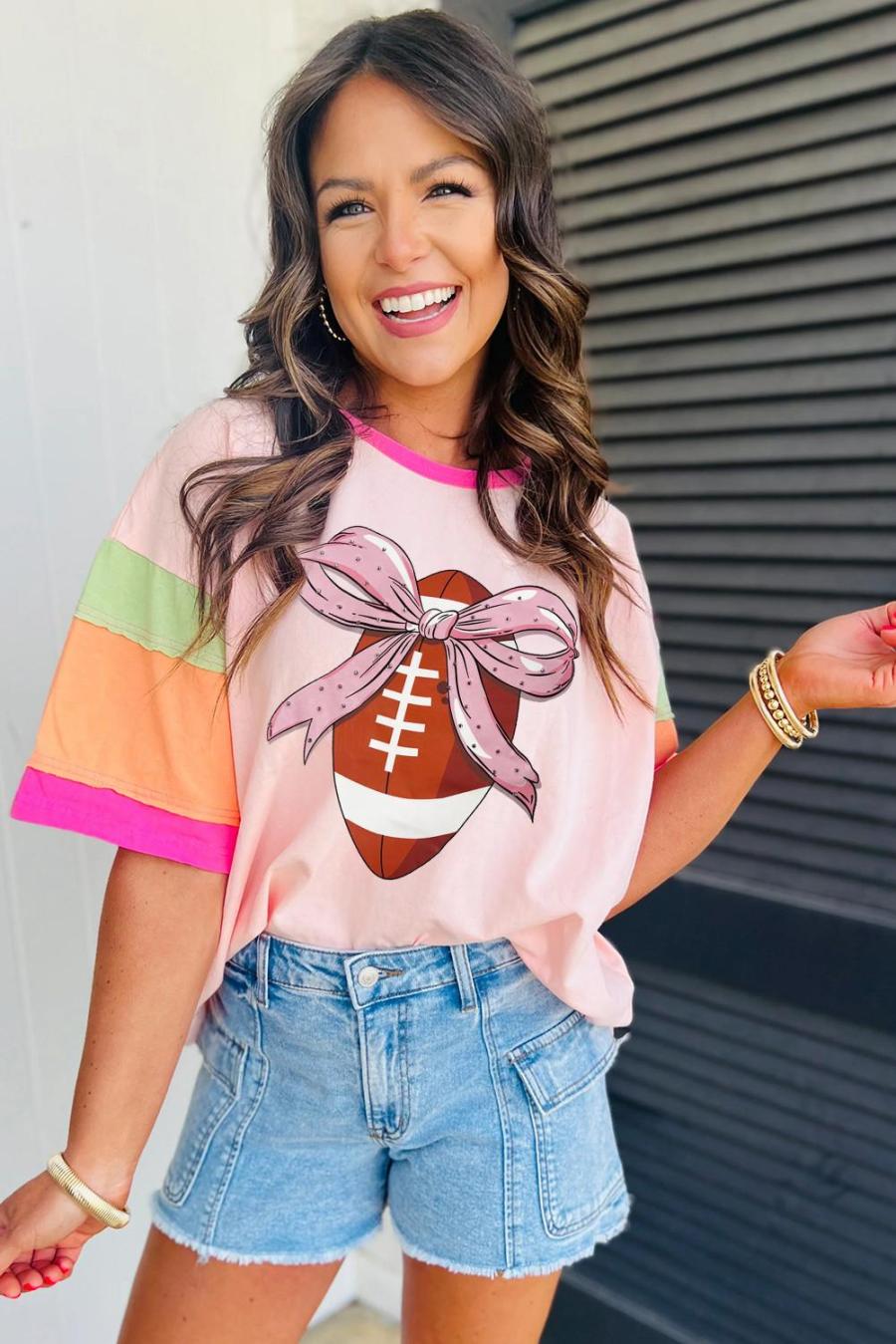 Tees & Tanks | Pink Colorblock Sleeve Rhinestone Bow Football Print T Shirt - Women