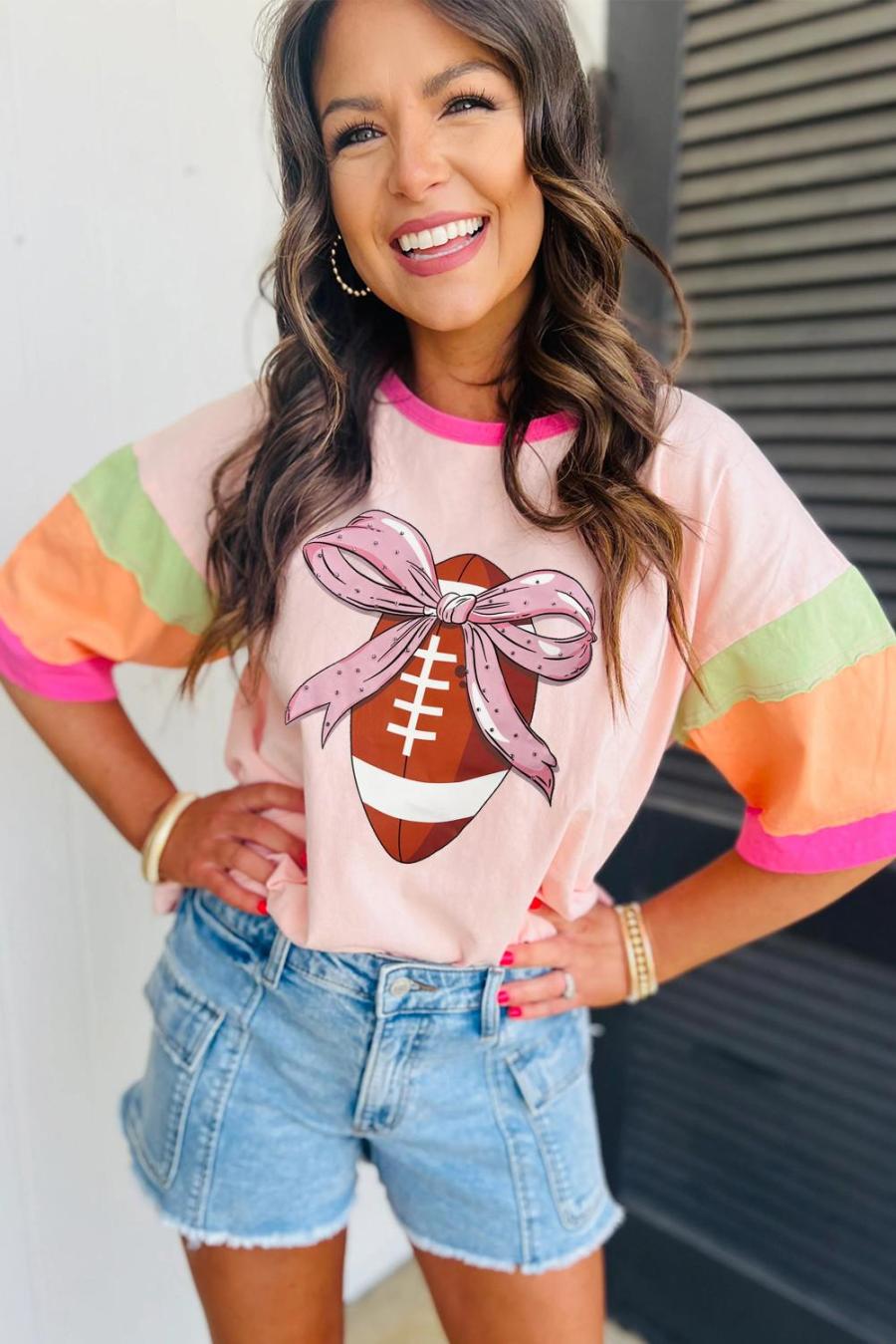 Tees & Tanks | Pink Colorblock Sleeve Rhinestone Bow Football Print T Shirt - Women