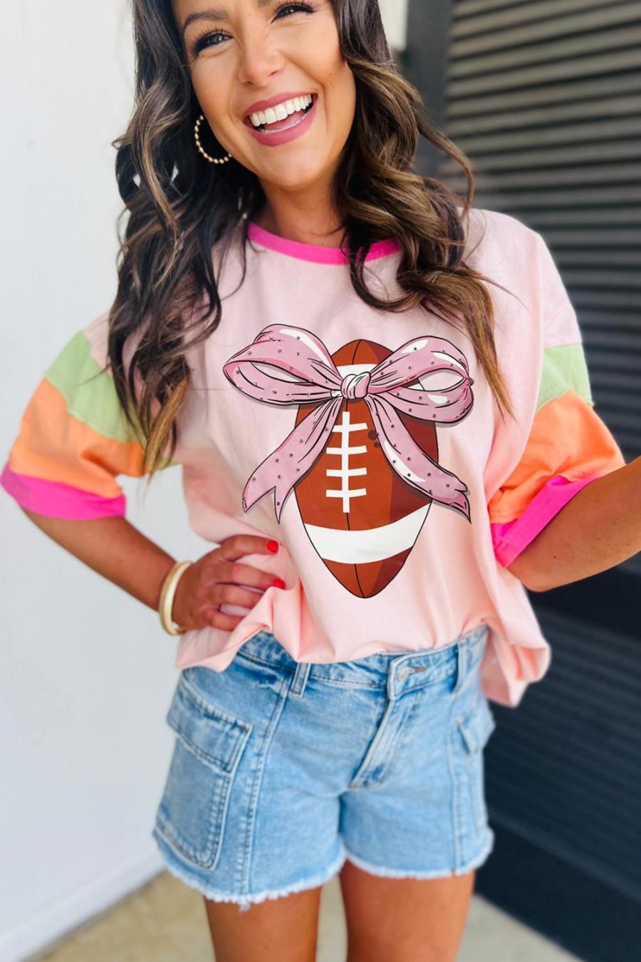 Tees & Tanks | Pink Colorblock Sleeve Rhinestone Bow Football Print T Shirt - Women