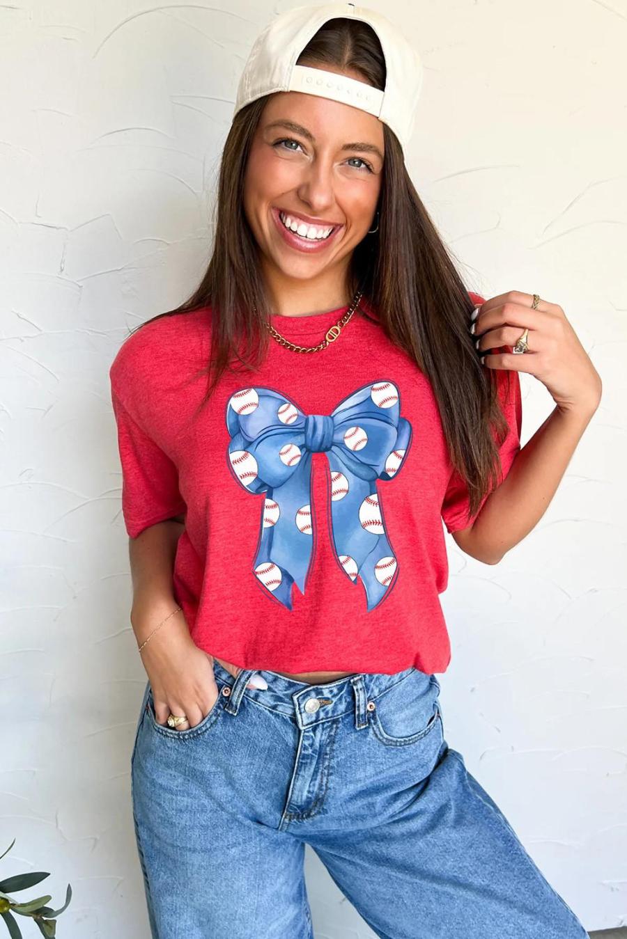 Tees & Tanks | Red Baseball Bowknot Graphic Crew Neck Tee - Women