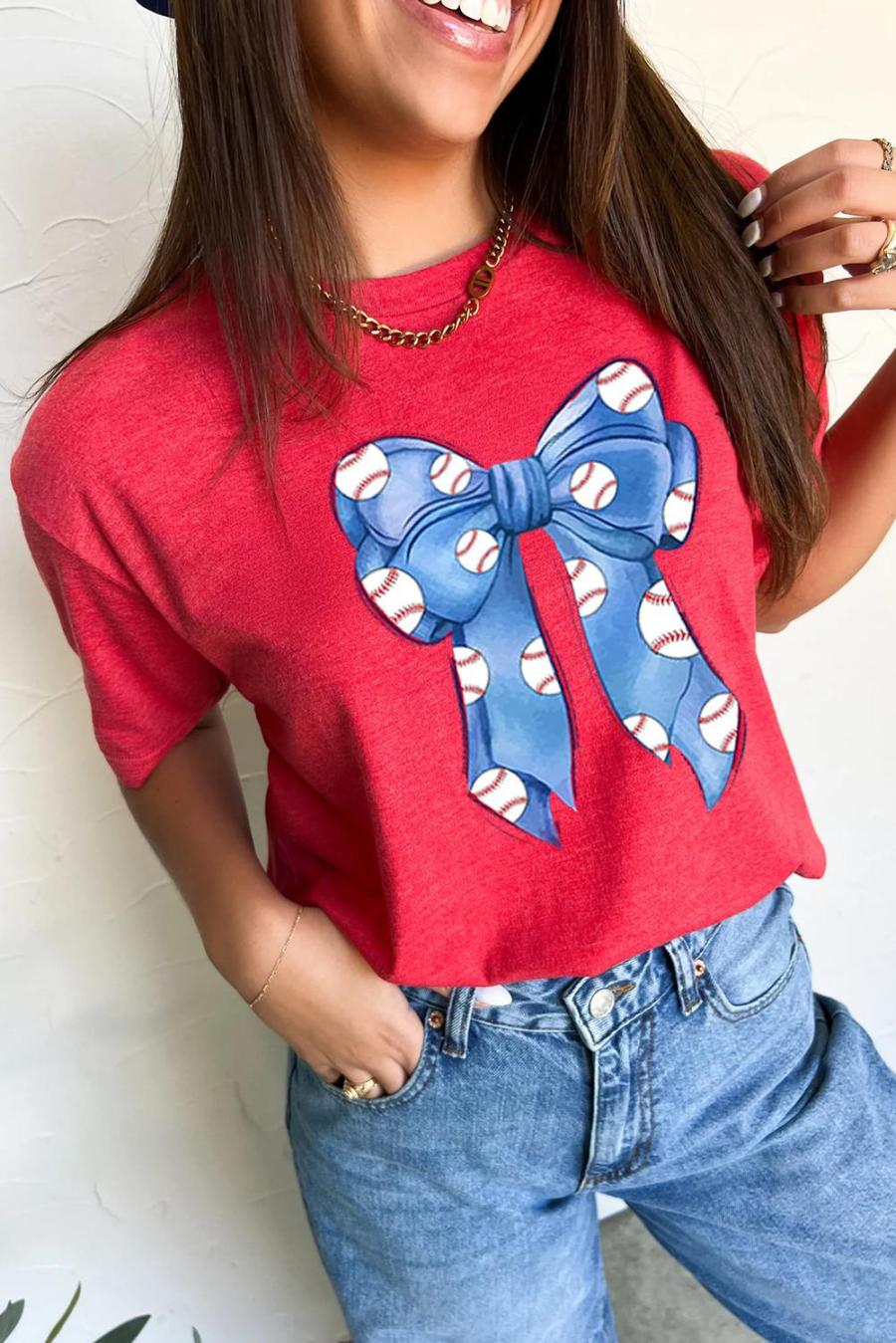 Tees & Tanks | Red Baseball Bowknot Graphic Crew Neck Tee - Women