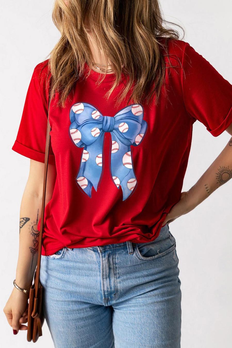 Tees & Tanks | Red Baseball Bowknot Graphic Crew Neck Tee - Women