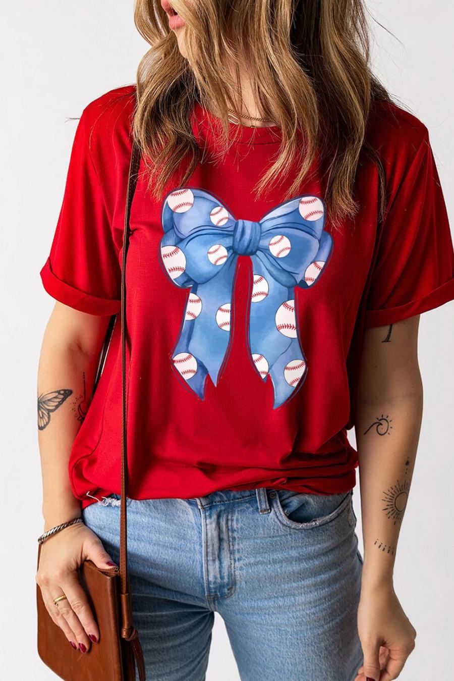 Tees & Tanks | Red Baseball Bowknot Graphic Crew Neck Tee - Women