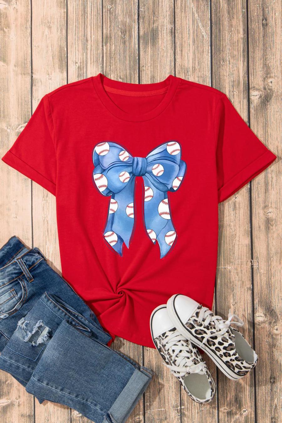 Tees & Tanks | Red Baseball Bowknot Graphic Crew Neck Tee - Women