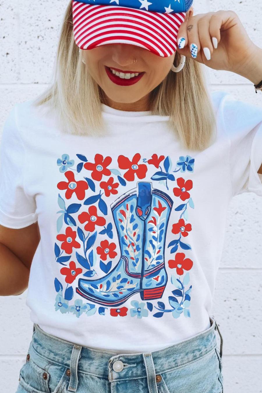 Tees & Tanks | White Floral Western Boots Printed Cotton Blend T Shirt - Women