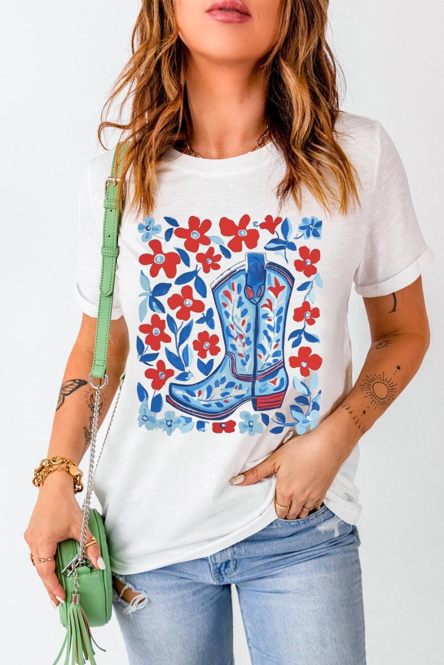 Tees & Tanks | White Floral Western Boots Printed Cotton Blend T Shirt - Women