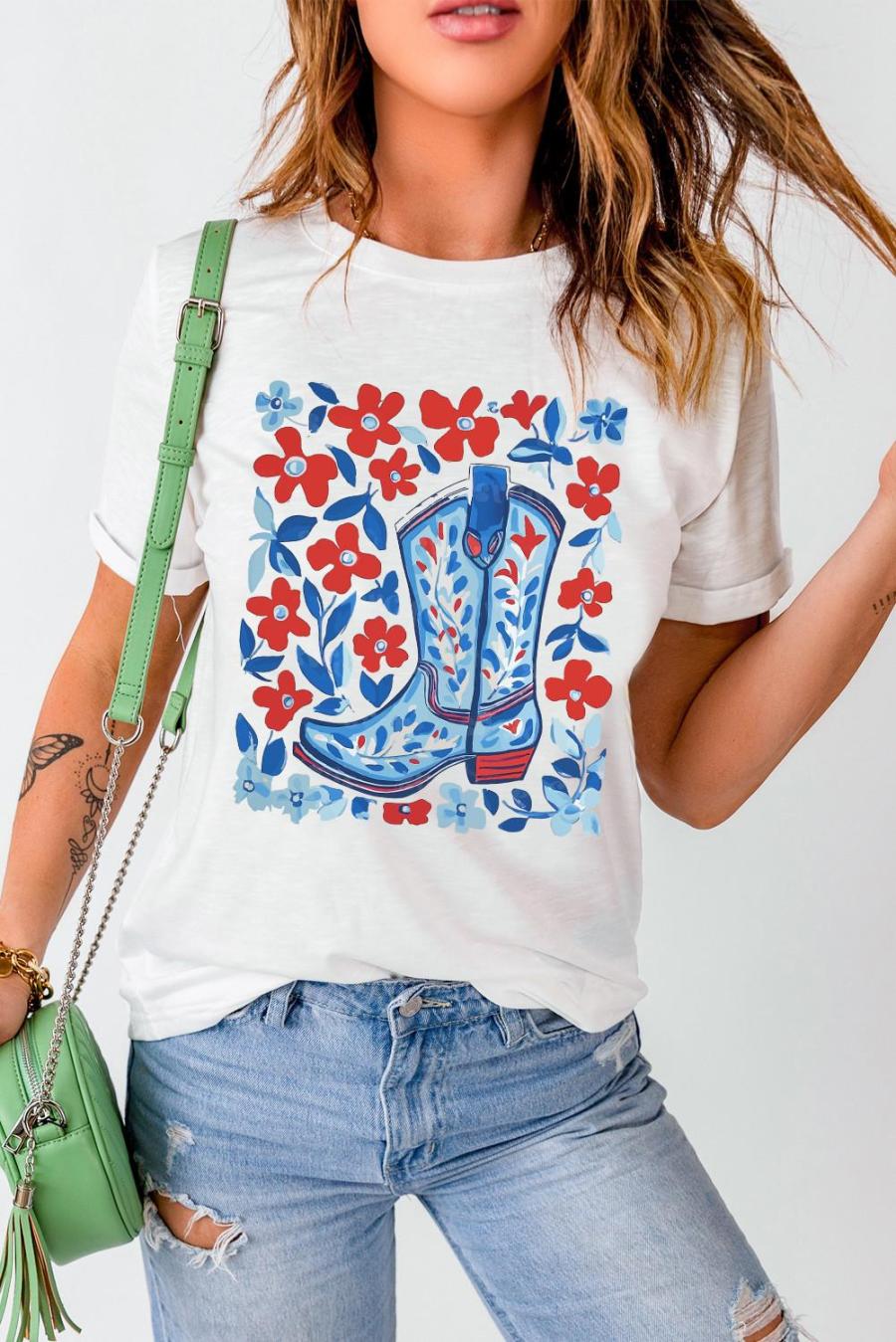 Tees & Tanks | White Floral Western Boots Printed Cotton Blend T Shirt - Women
