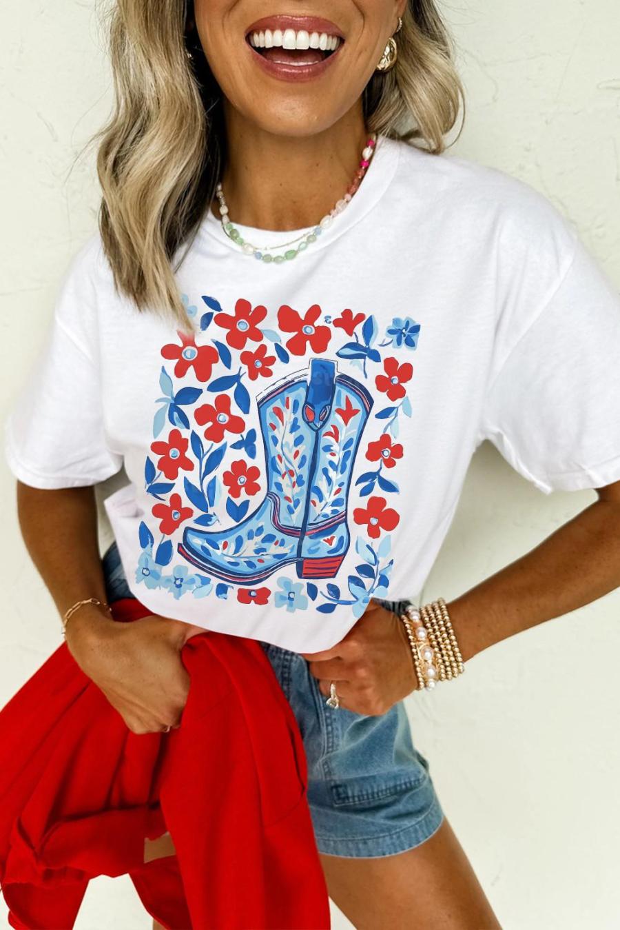 Tees & Tanks | White Floral Western Boots Printed Cotton Blend T Shirt - Women